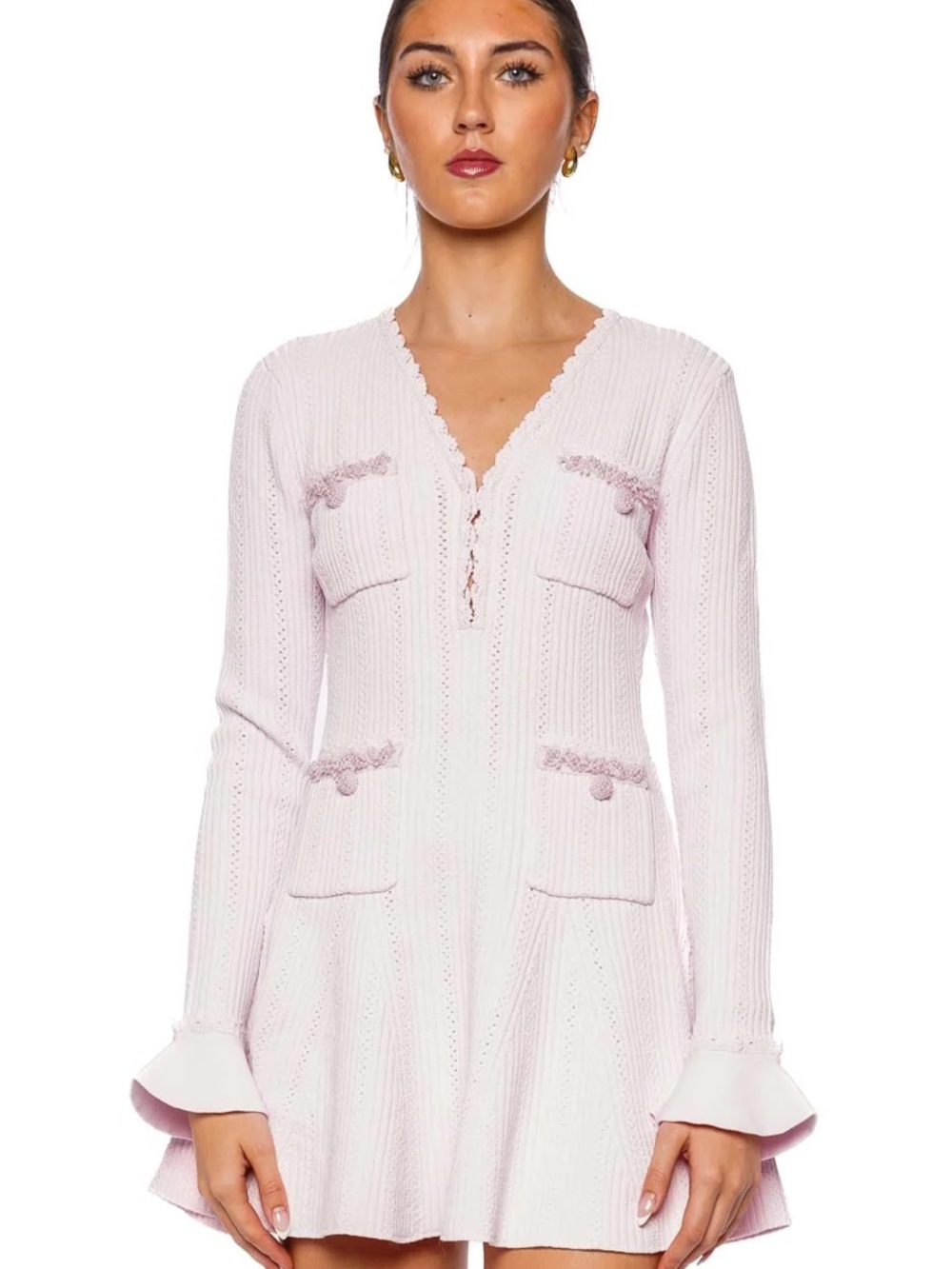 SELF PORTRAIT PINK PEARL TRIM POINTELLE KNIT MINI SIZE M